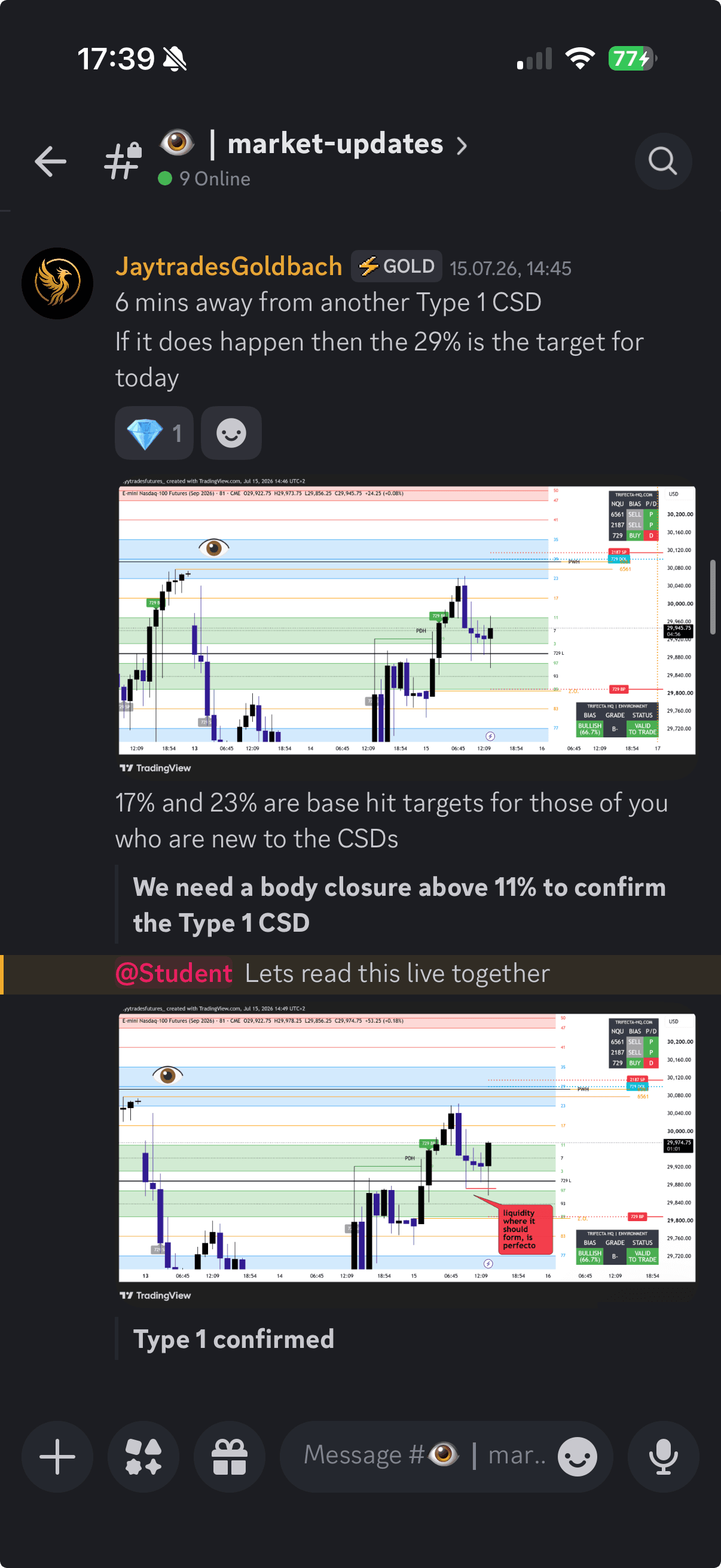 Trifecta HQ market updates shown on a phone